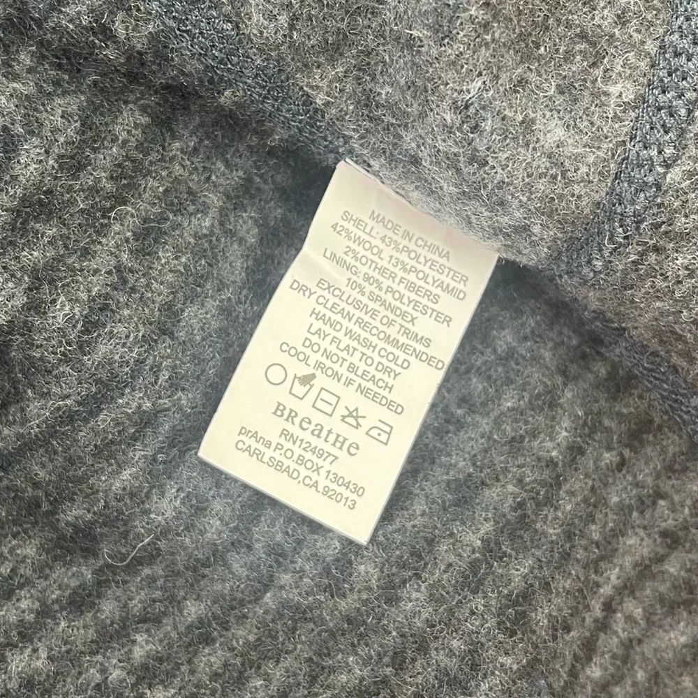 PrAna l M Lucia Wool Blend Funnel Neck Stripe Wood Buttons Knit Pullover Sweater